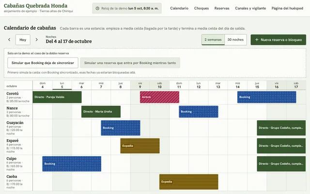 El calendario de las seis cabañas de ejemplo, con las reservas de cada canal: página propia, Airbnb, Booking y Expedia.